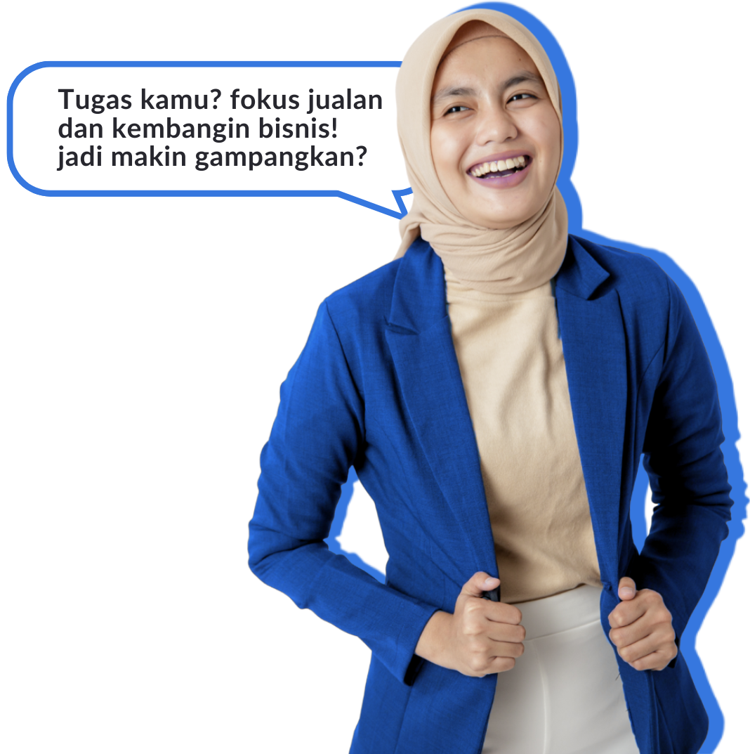 seorang perempuan menunjukkan solusi yang ditawarkan simantap.id